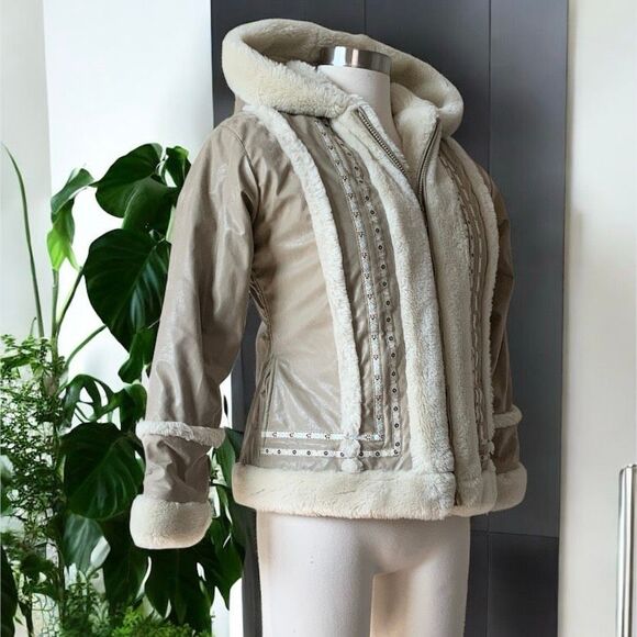 Paramount Tan Cream Hooded Faux Fur Coat Peacoat Small Penny Lane Princess - Picture 2 of 8